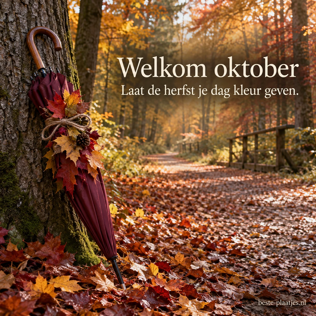 Een paraplu met herfstbladeren staat op een kleurrijk bospad in oktober.