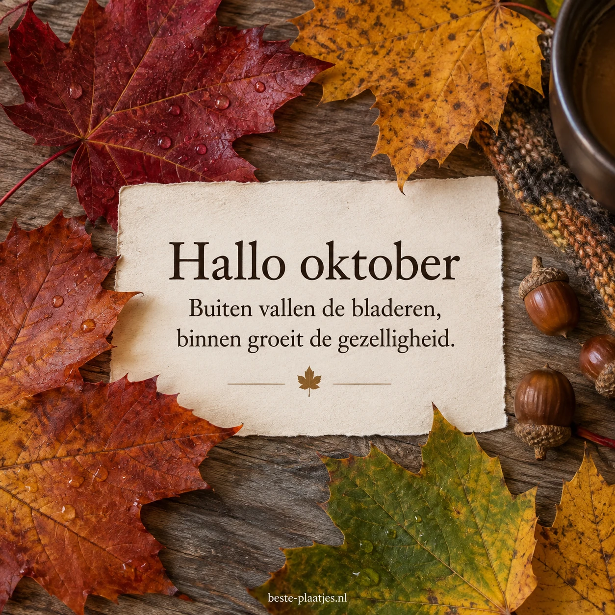 Kleurrijke esdoornbladeren omlijsten een warme groet voor oktober.