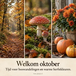 Een herfstbos, paddenstoelen en pompoenen laten de verschillende kleuren van oktober zien.