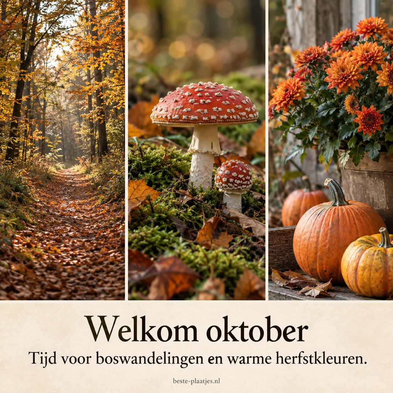 Een herfstbos, paddenstoelen en pompoenen laten de verschillende kleuren van oktober zien.