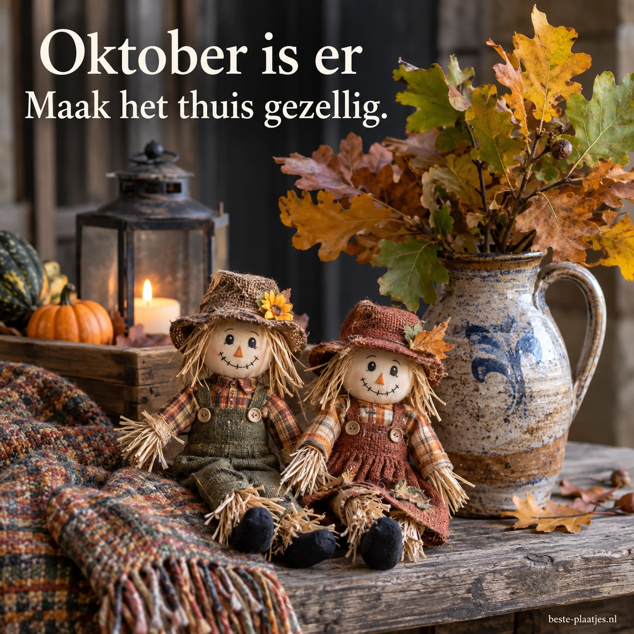Twee kleine vogelverschrikkerdecoraties en een kruik met bladeren brengen oktober in huis.