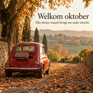 Een rode oldtimer op een met bladeren bedekte laan brengt een nostalgische oktobergroet.