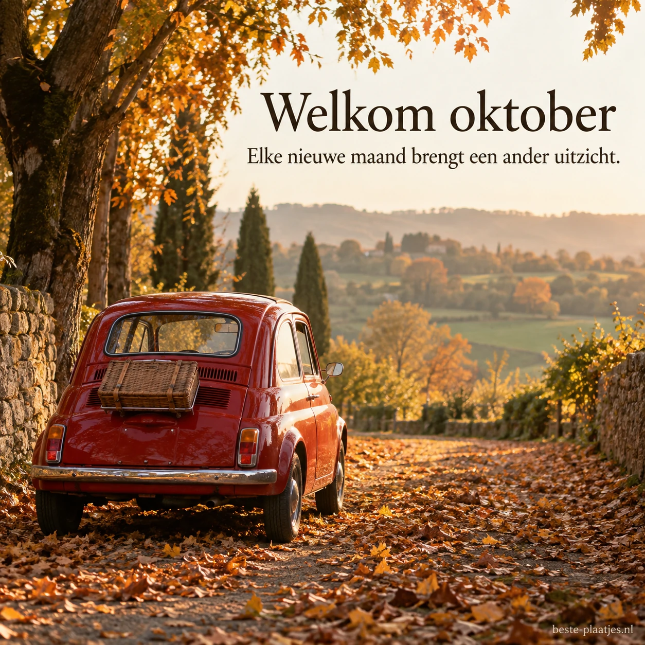 Een rode oldtimer op een met bladeren bedekte laan brengt een nostalgische oktobergroet.