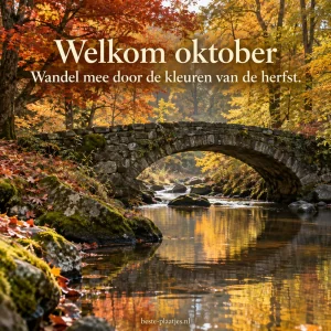 Een stenen brug over een beek ligt tussen de kleurrijke herfstbomen van oktober.