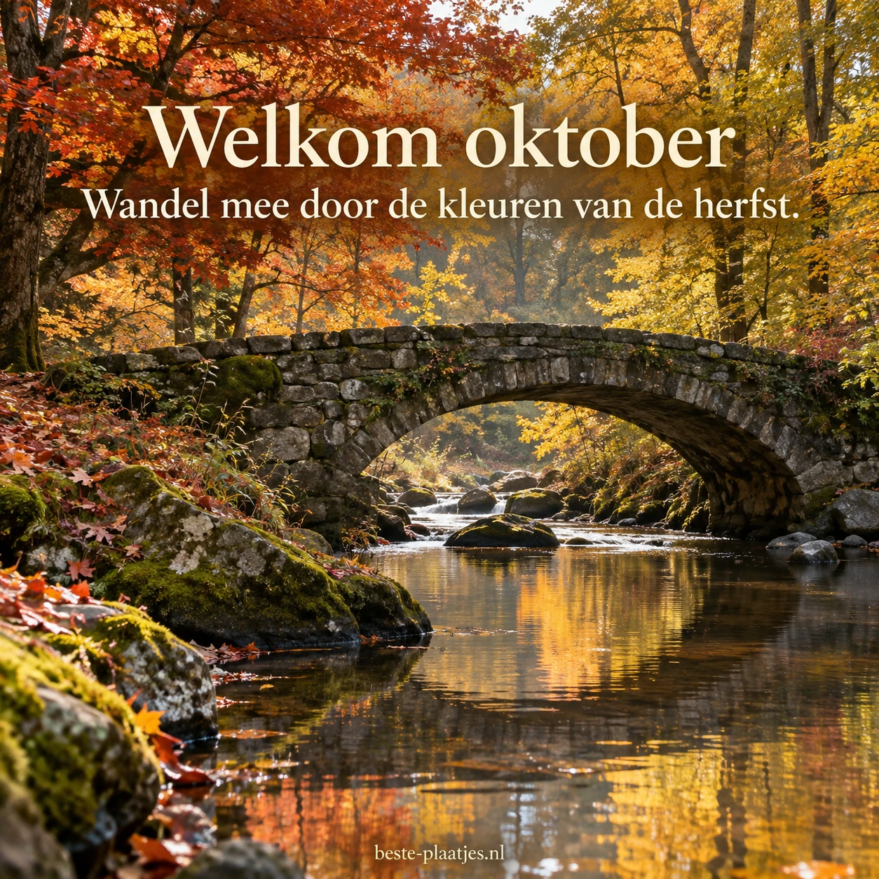 Een stenen brug over een beek ligt tussen de kleurrijke herfstbomen van oktober.