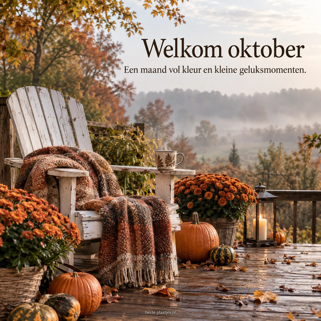 Een tuinstoel met pompoenen en herfstbloemen verwelkomt oktober in warme kleuren.