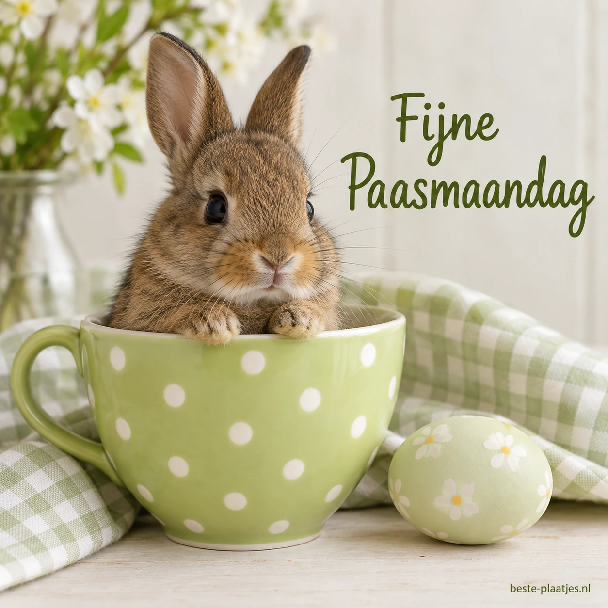 Een bruin konijntje zit in een groene gestippelde kop naast een paasei.