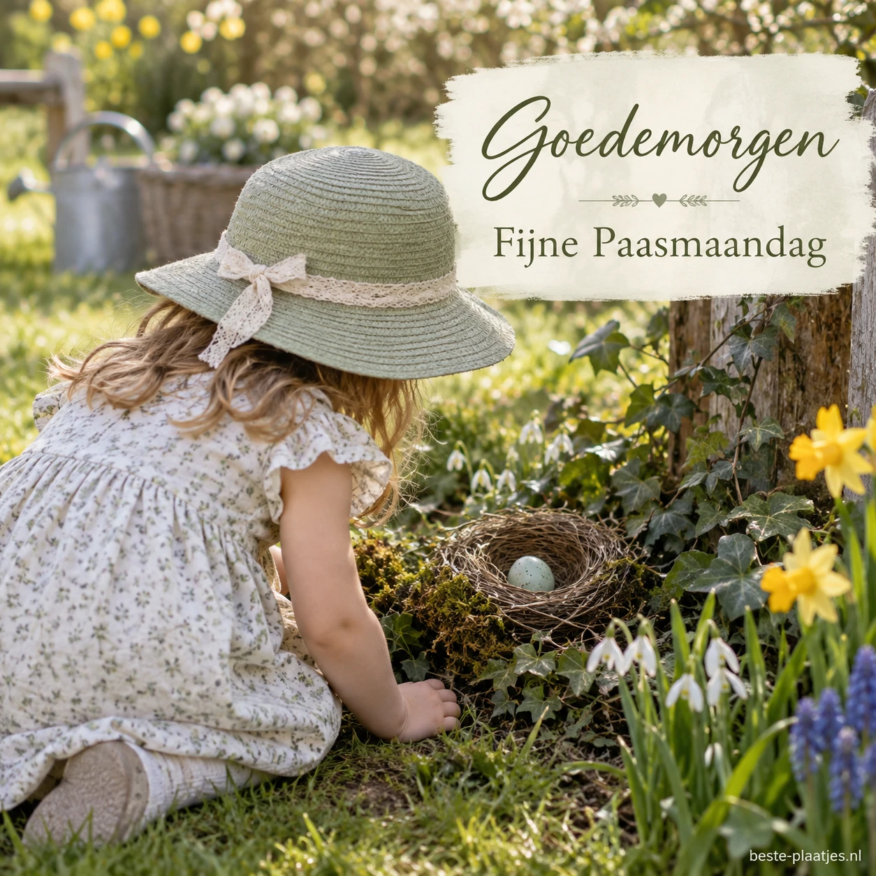 Een kind met groene zomerhoed bekijkt een nestje in een lentetuin.