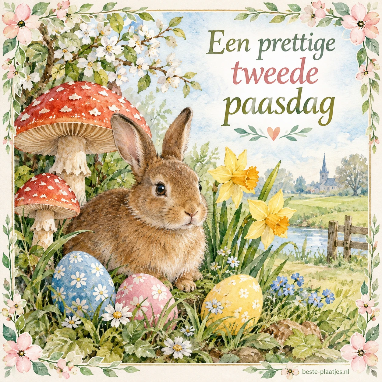Een geschilderd konijn zit bij paaseieren onder rode paddenstoelen.