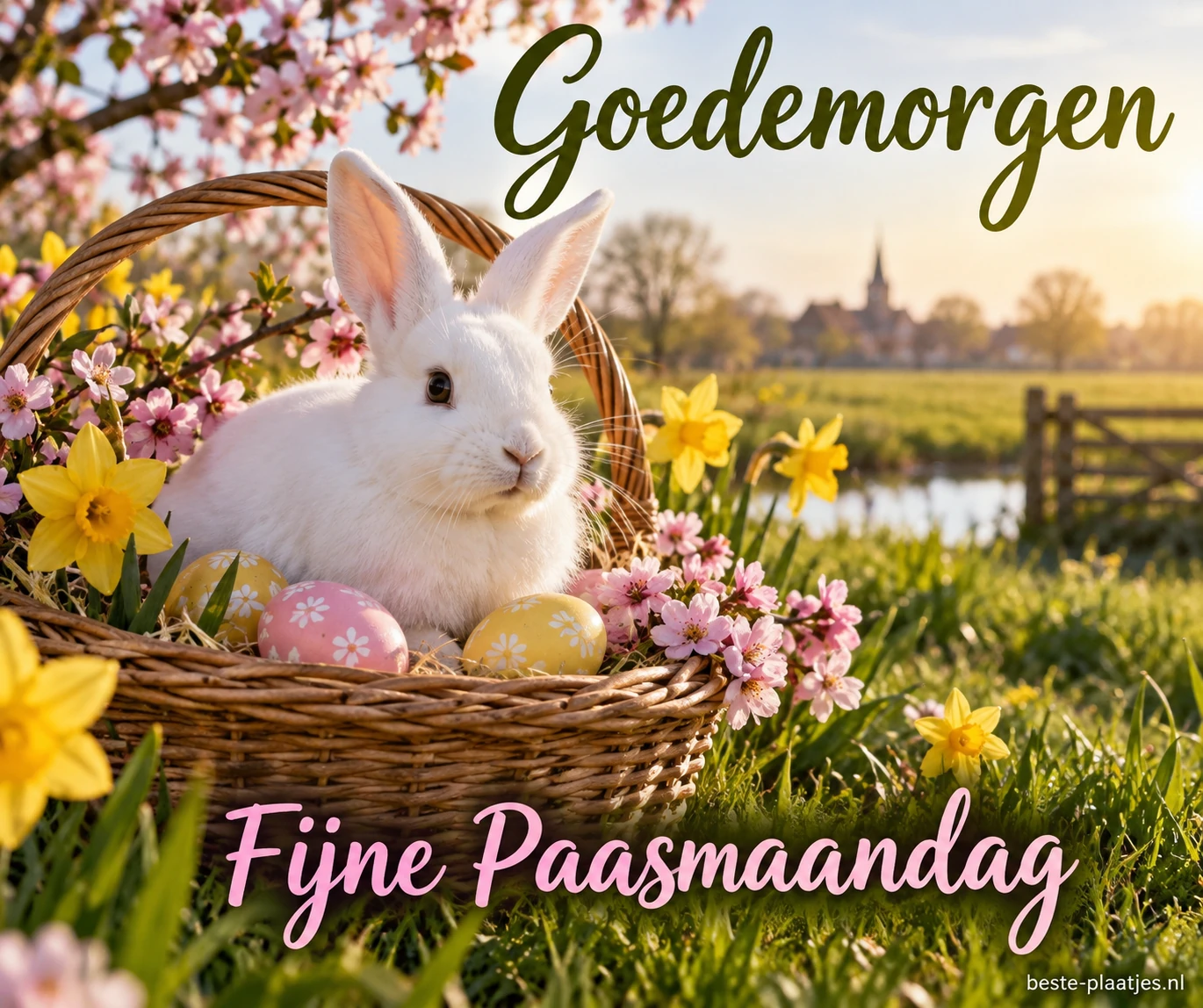 Een wit konijn zit in een mand tussen bloesem en gele narcissen.