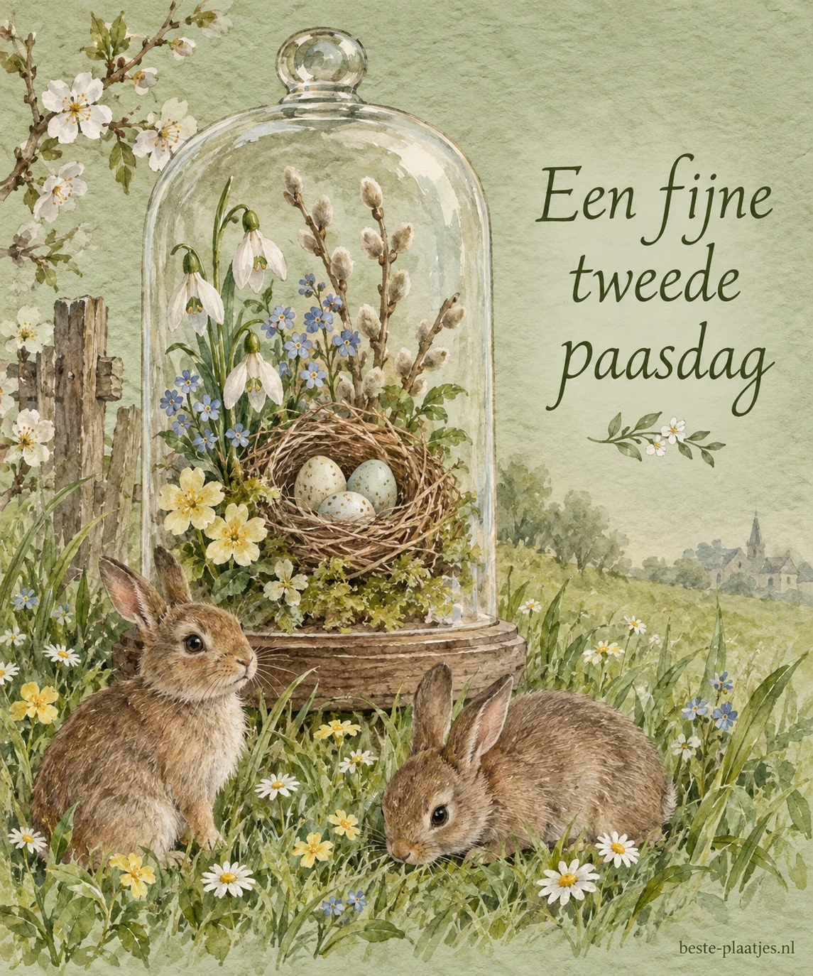 Twee geschilderde konijnen zitten bij een glazen stolp met bloemen en eieren.