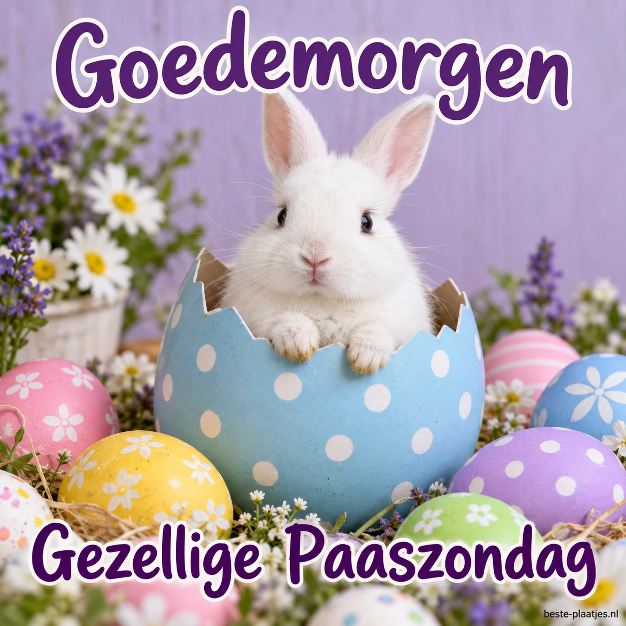 Een wit konijn kijkt uit een blauw paasei tussen kleurrijke eieren en bloemen.