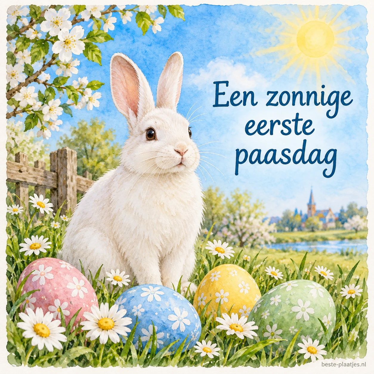 Een wit konijn zit in aquarel tussen bloesem, madeliefjes en beschilderde eieren.