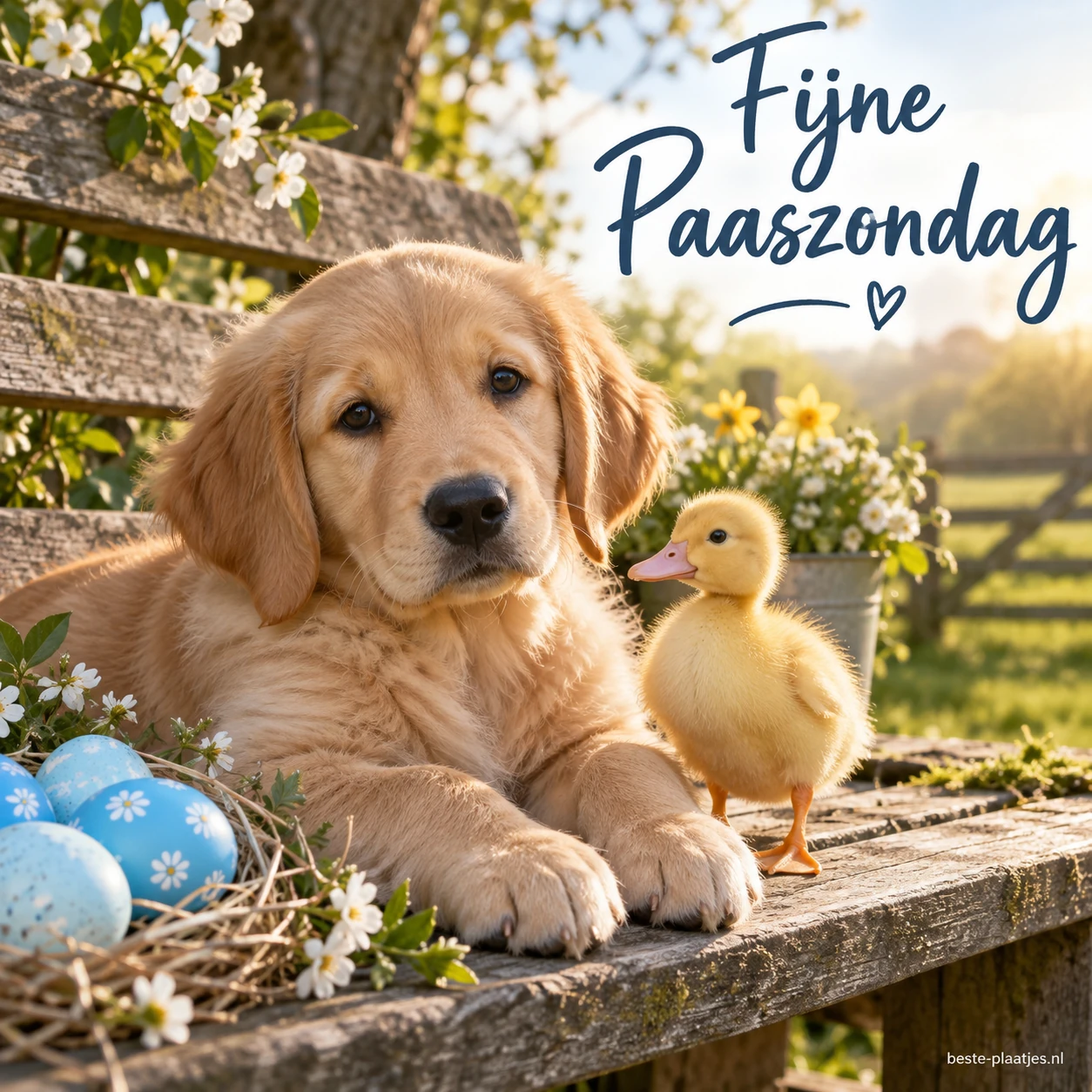 Een jonge hond ligt naast blauwe eieren en een geel eendje op een houten bank.