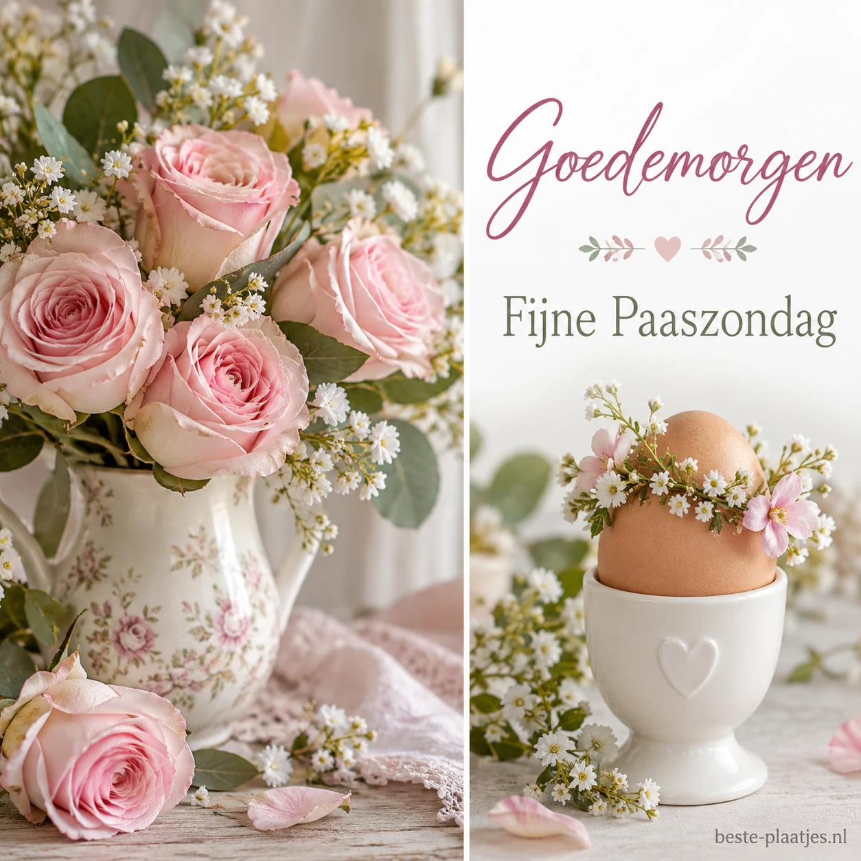 Roze rozen staan naast een ei met bloemenkrans in een wit eierdopje.