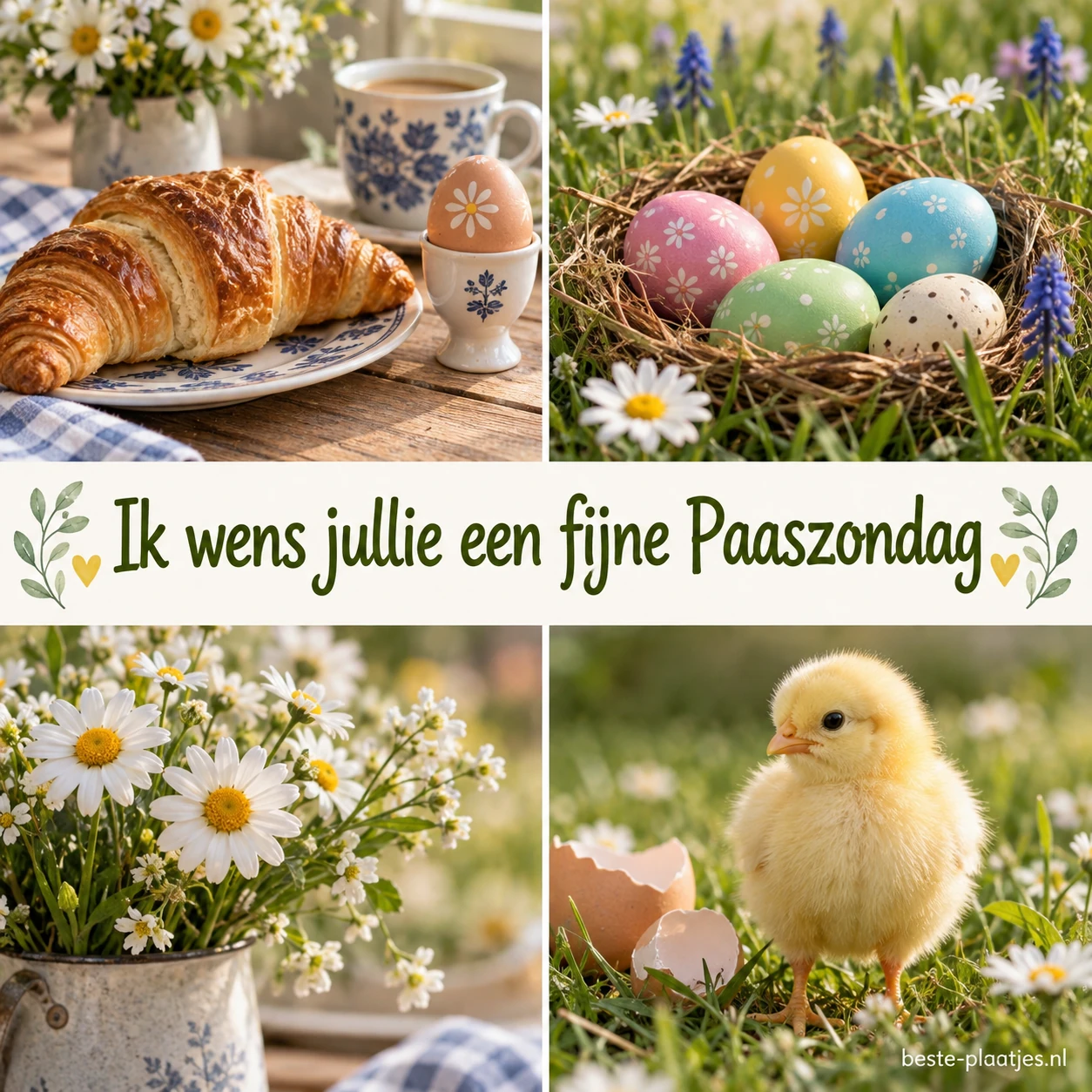 Een collage toont paasontbijt, eieren in het gras, madeliefjes en een kuiken.