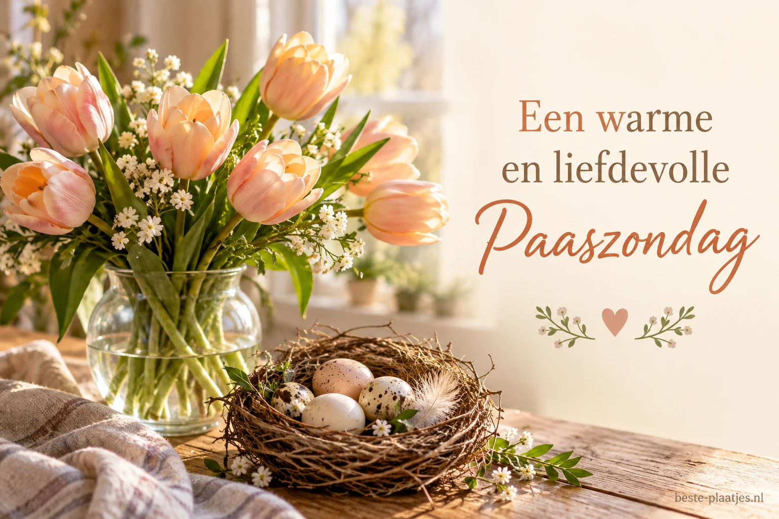 Perzikkleurige tulpen staan bij een nest met eieren op een houten tafel.