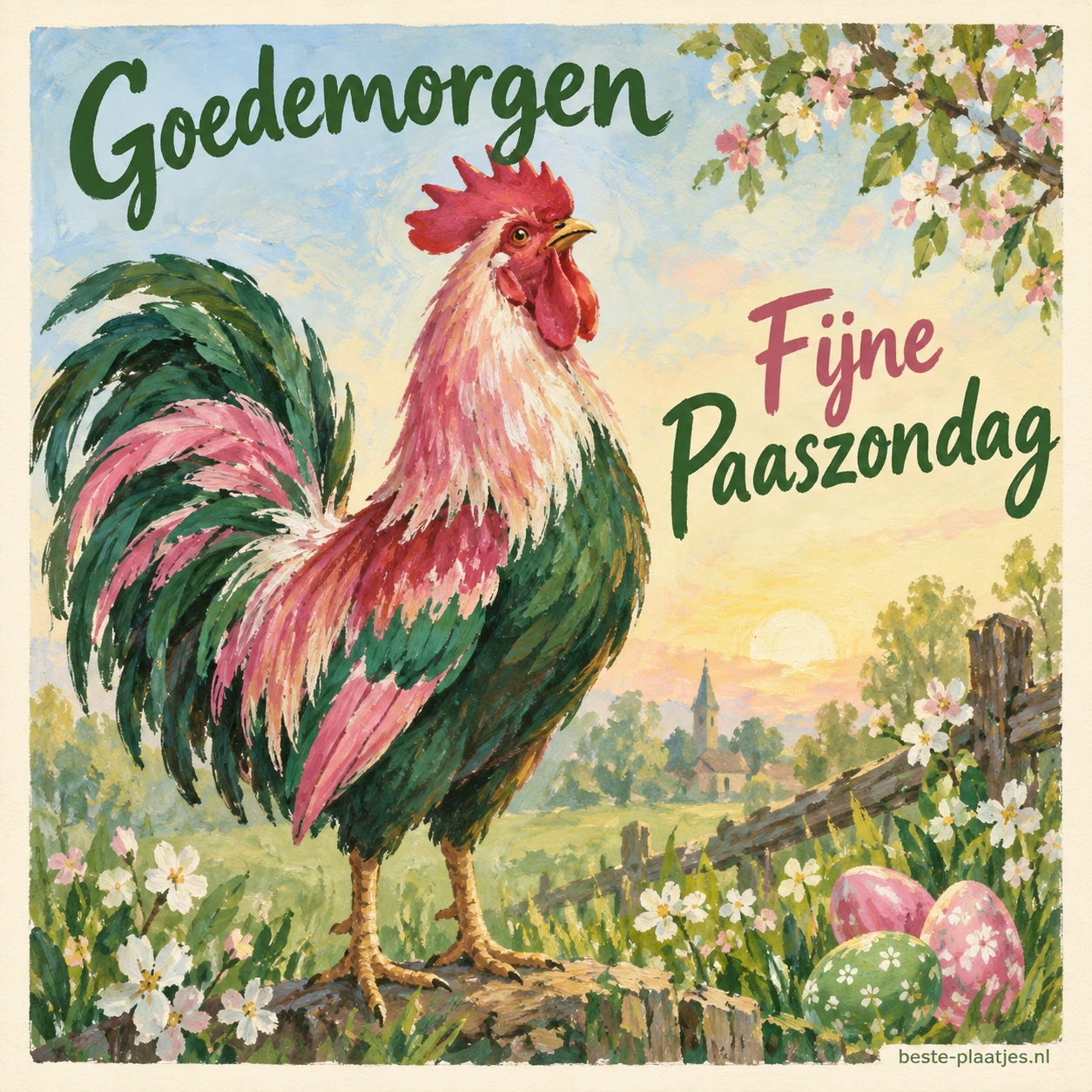 Een kleurrijke geschilderde haan staat tussen voorjaarsbloemen en paaseieren.