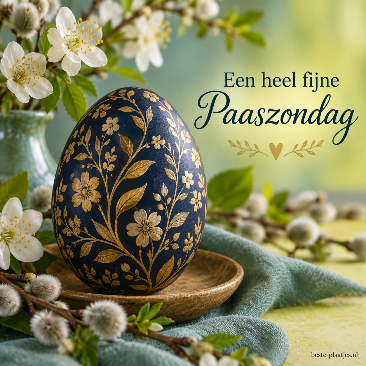 Een donkerblauw paasei met gouden bloemen staat tussen wilgenkatjes en bloesem.