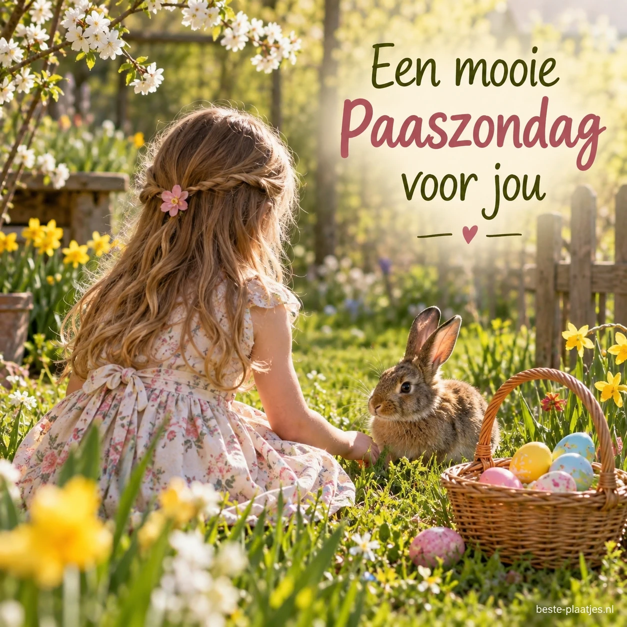 Een meisje kijkt in een lentetuin naar een konijn naast een mand met eieren.