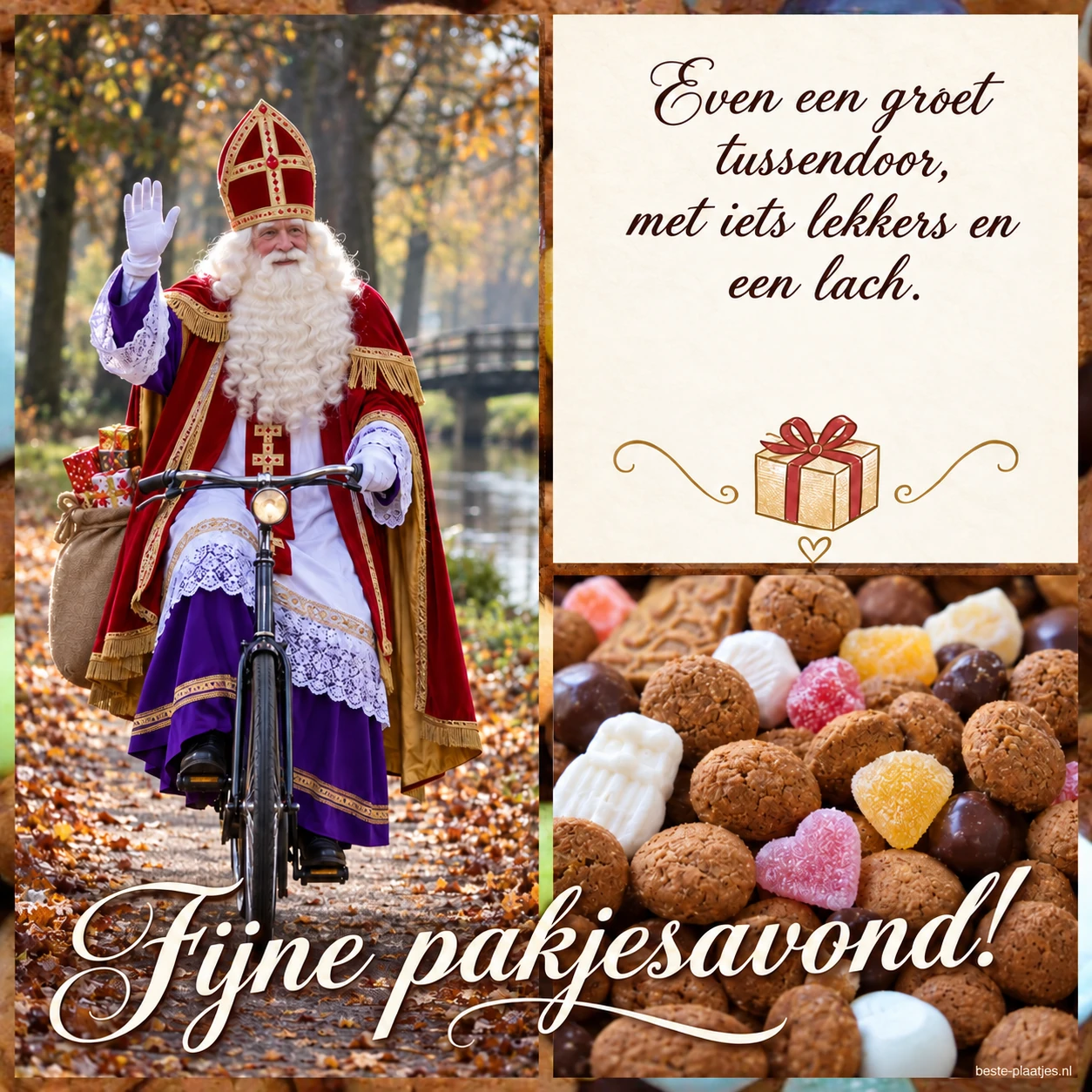 Een Sinterklaas op de fiets en een vak met strooigoed brengen een vrolijke pakjesavondgroet.