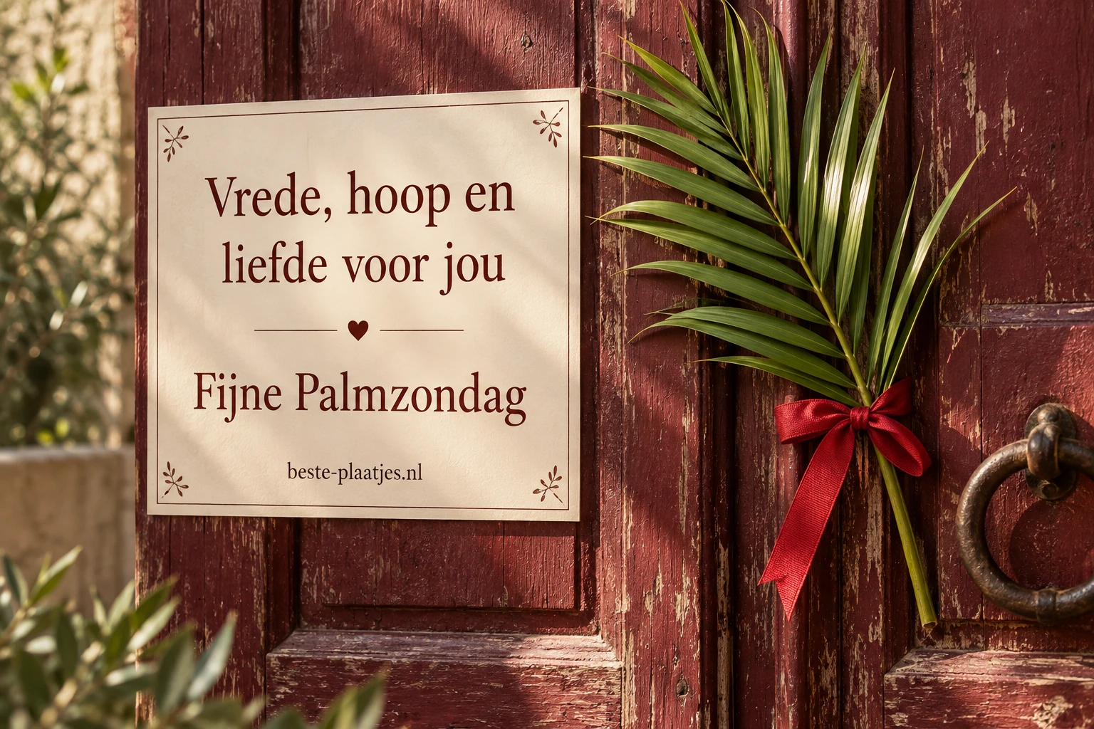 Een palmtak met een rood lint hangt naast een groet op een verweerde houten deur.