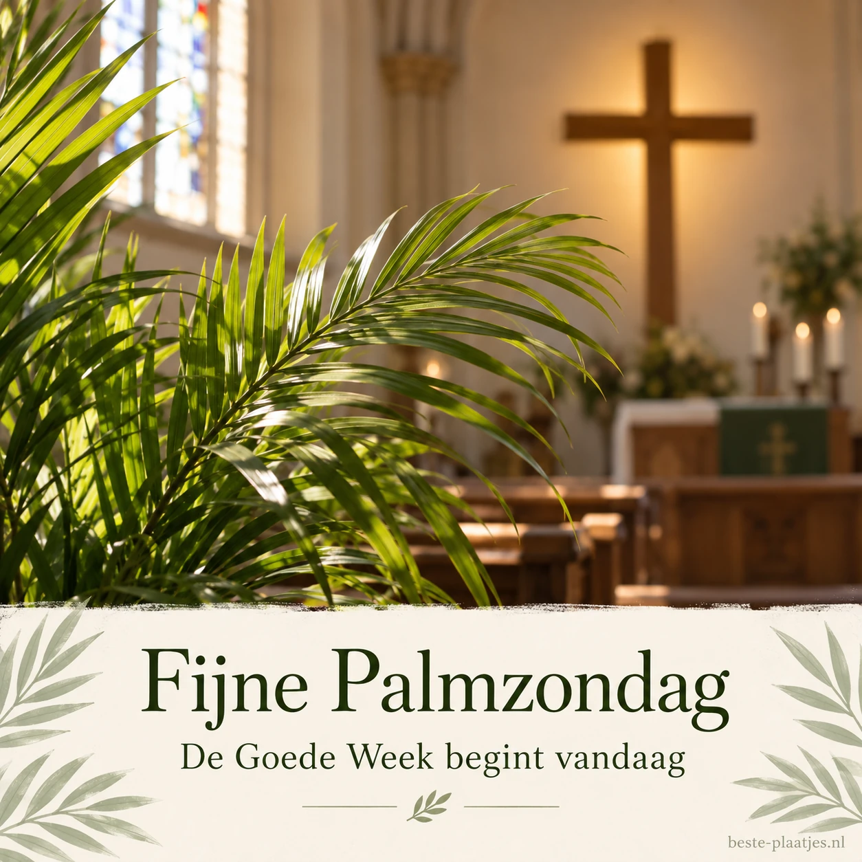 Palmtakken staan voor een houten kruis in een warm verlichte kerk.