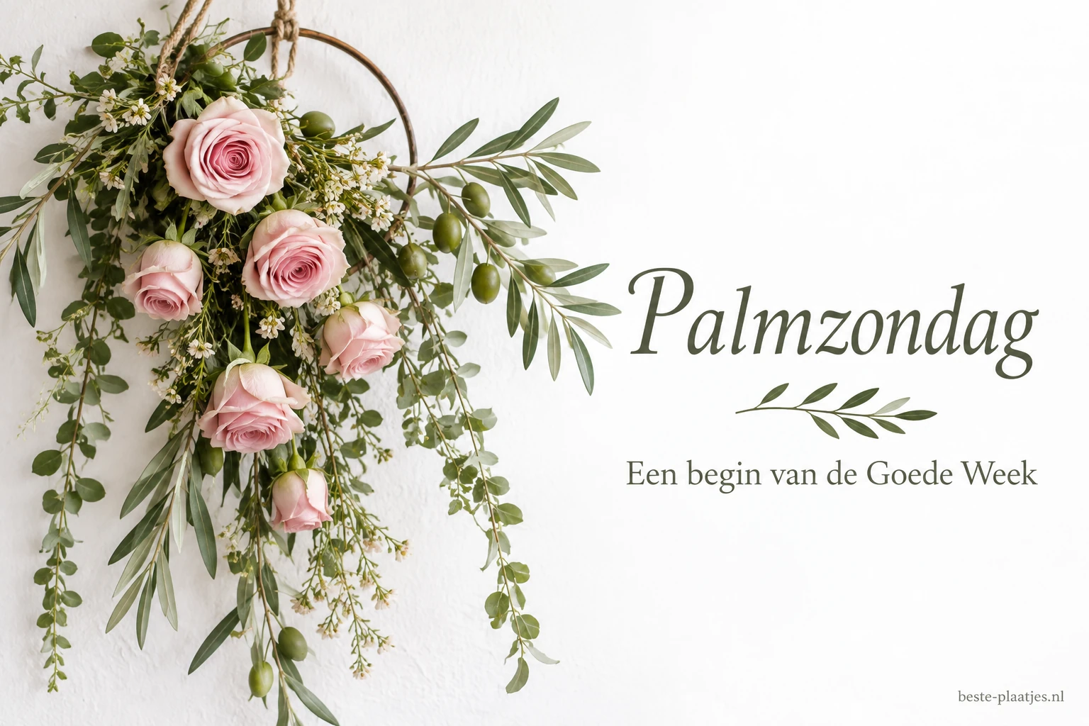 Roze rozen en olijftakken hangen naast een rustige Palmzondag groet.