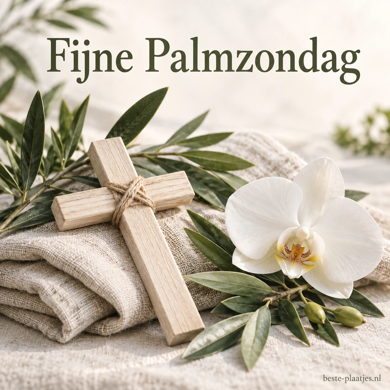 Een houten kruis ligt met olijftakken en een witte orchidee op linnen.