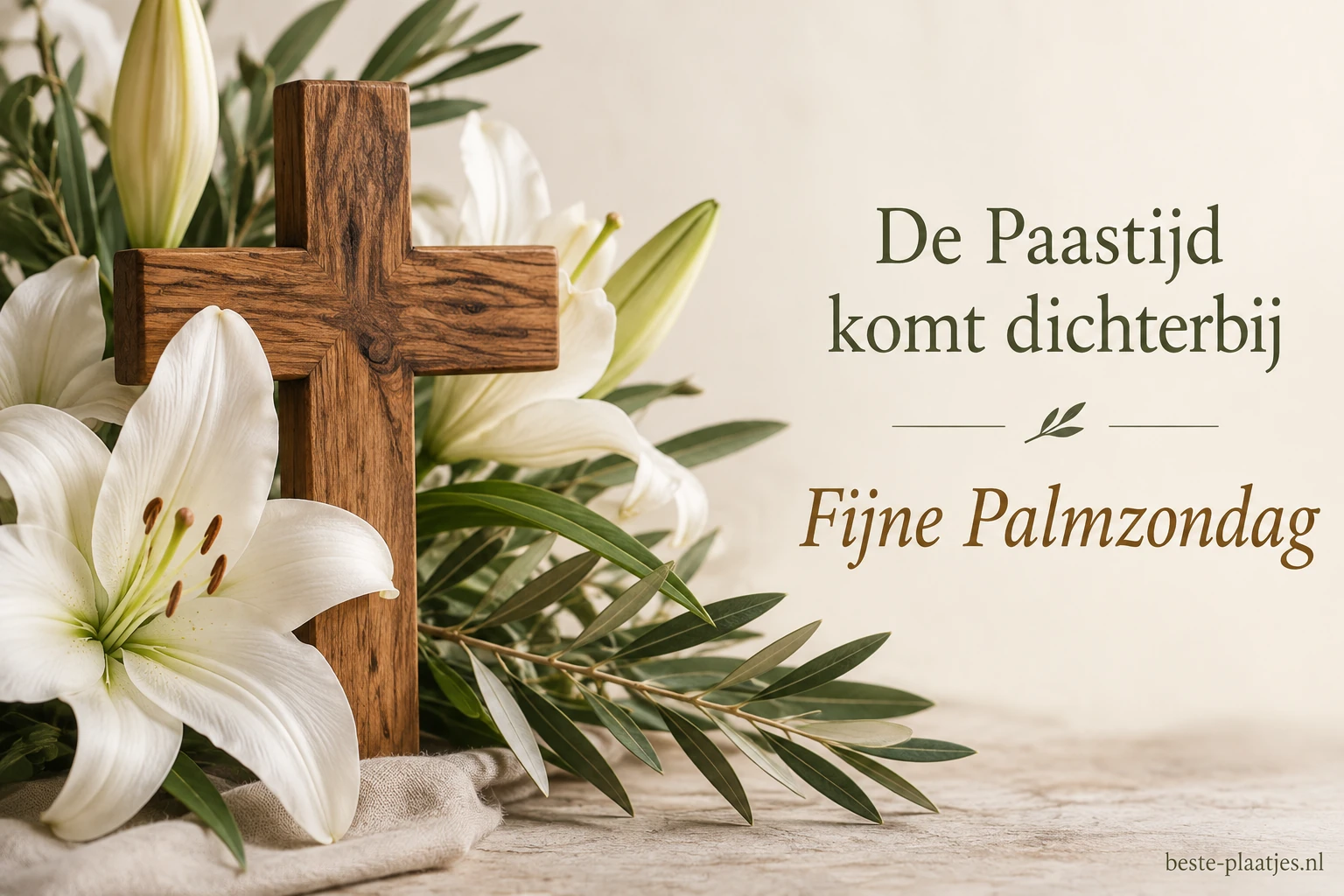 Een houten kruis staat tussen witte lelies en groene takken.