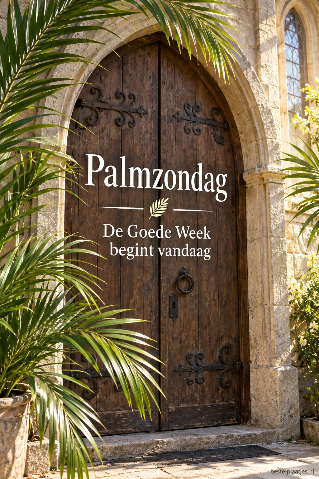 Een oude kerkdeur wordt omringd door palmtakken in de ochtendzon.