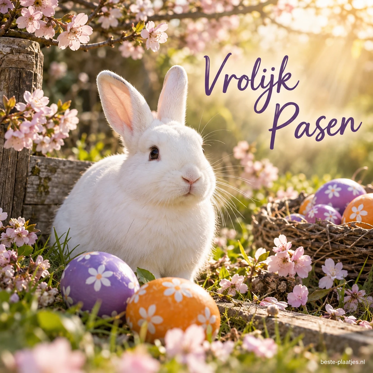 Een wit konijn zit tussen bloesem en beschilderde eieren in warm zonlicht.