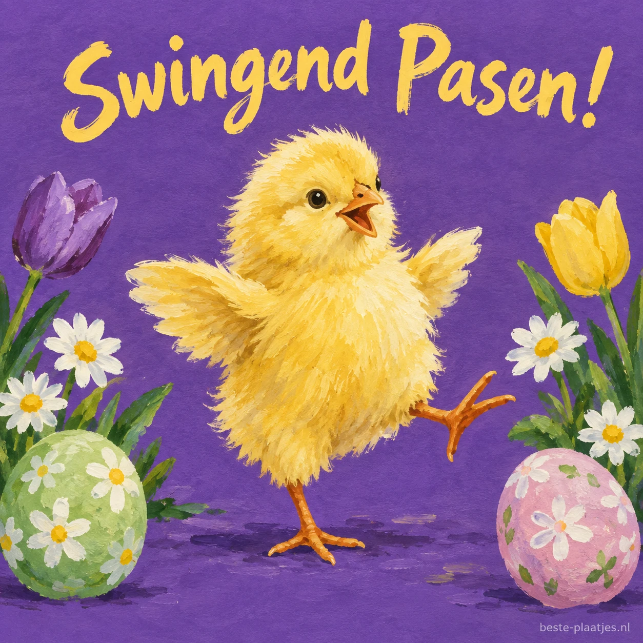 Een geel kuiken danst tussen bloemen en paaseieren op paars papier.