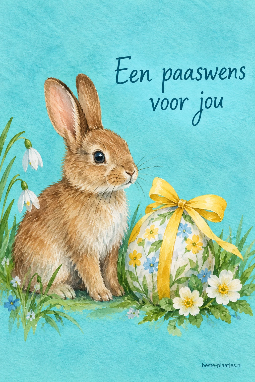 Een geschilderd bruin konijn zit naast een groot ingepakt paasei.
