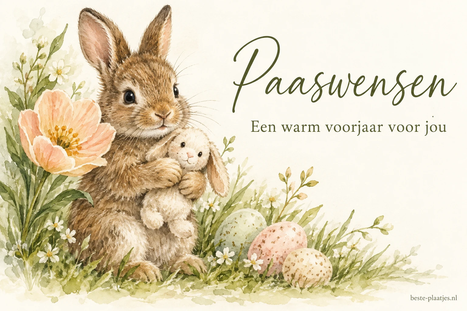 Een geschilderd konijn houdt een zacht speelgoedkonijn vast tussen bloemen en eieren.