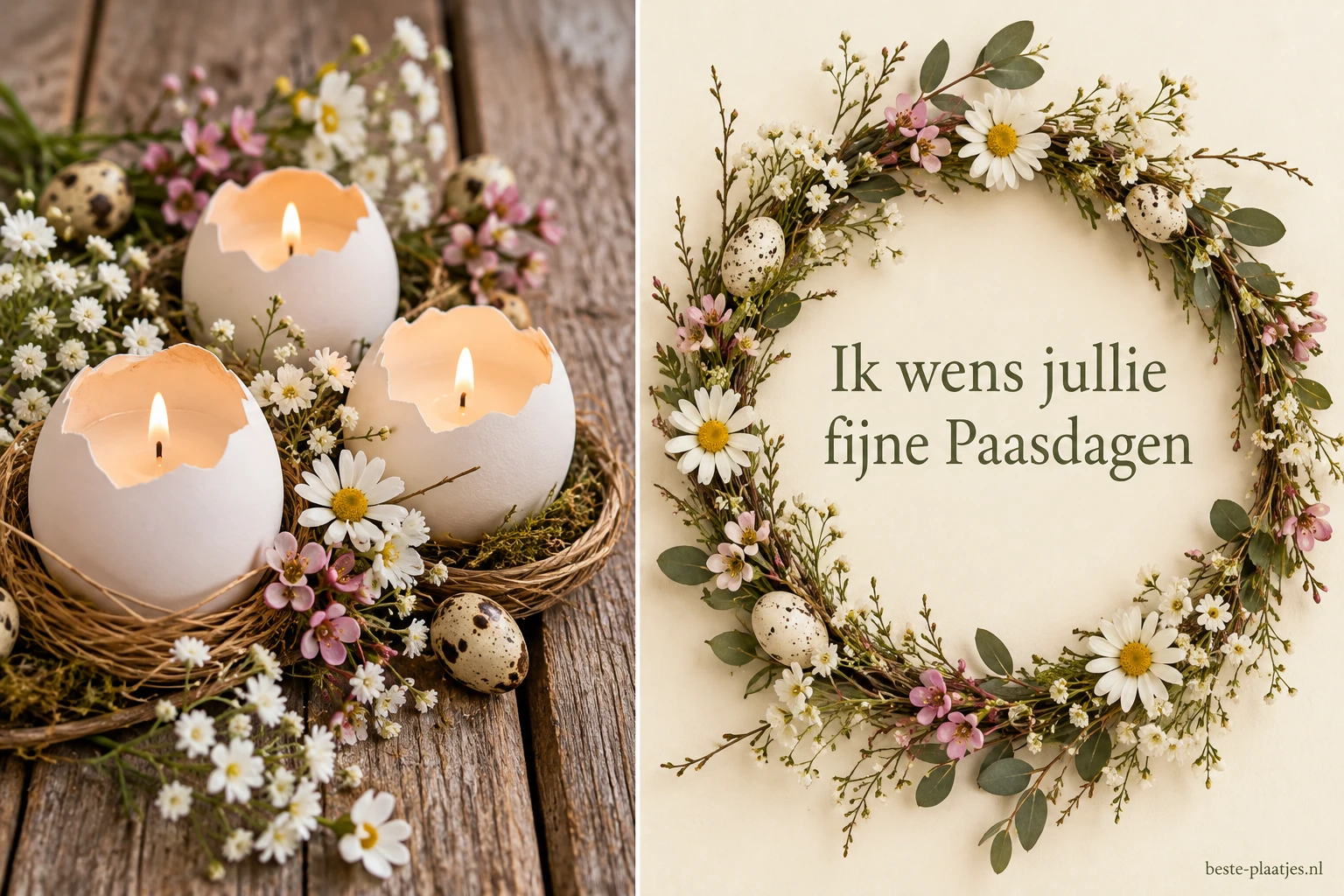 Eierschaalkaarsen staan naast een ronde krans van lentebloemen.