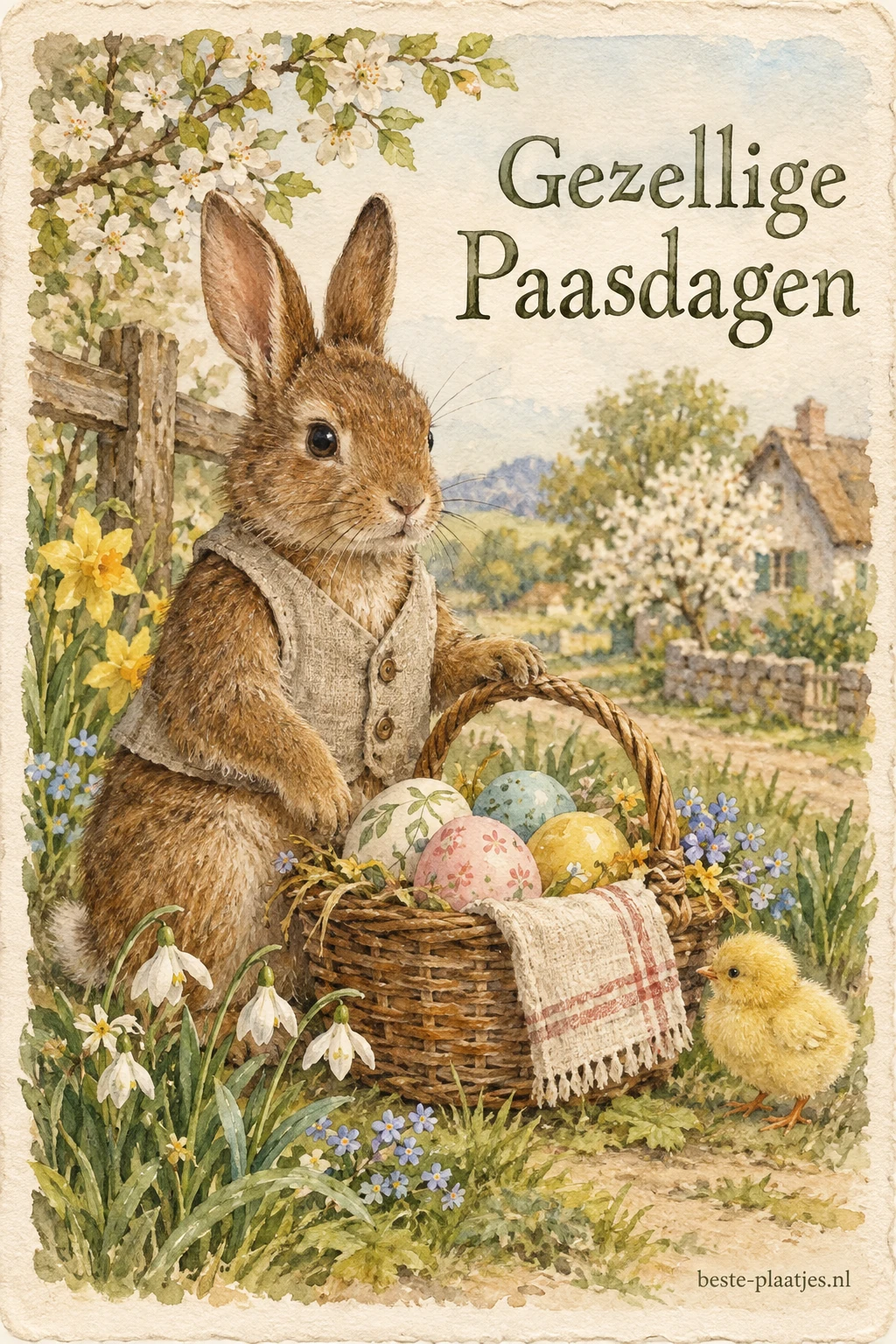 Een geschilderd konijn met linnen hesje staat bij een mand met eieren.