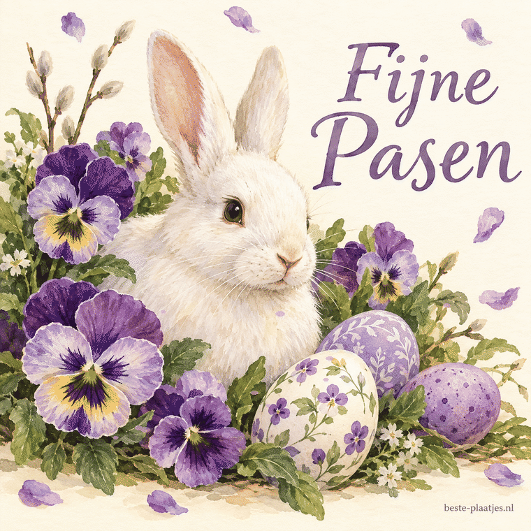 Een wit konijn zit in een schildering tussen paarse viooltjes en paaseieren.