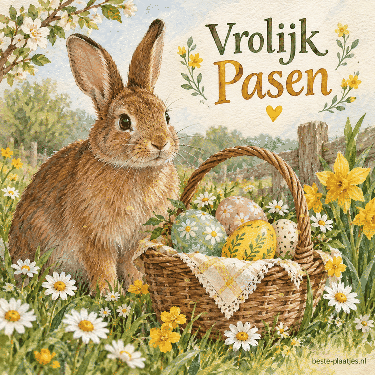 Een geschilderd bruin konijn zit bij een mand met eieren en gele bloemen.