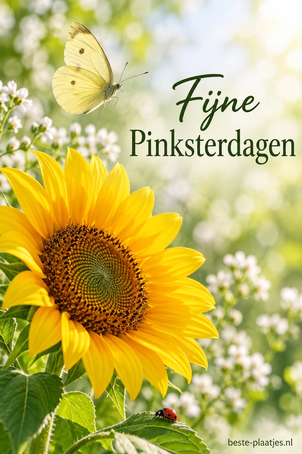 Een gele zonnebloem staat onder een lichte vlinder tegen een groene lentetuin.