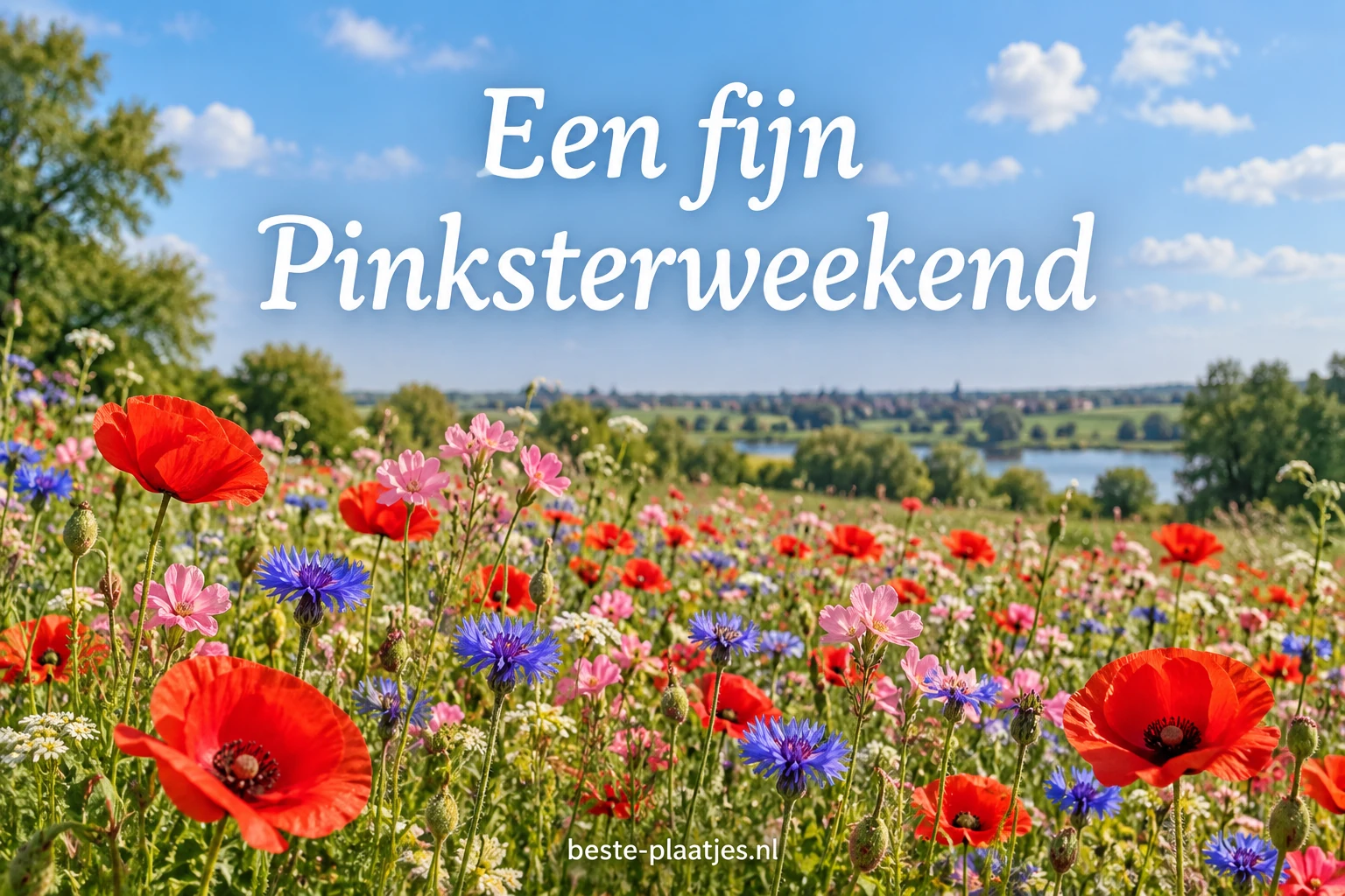 Rode klaprozen en andere veldbloemen groeien onder een blauwe lucht.
