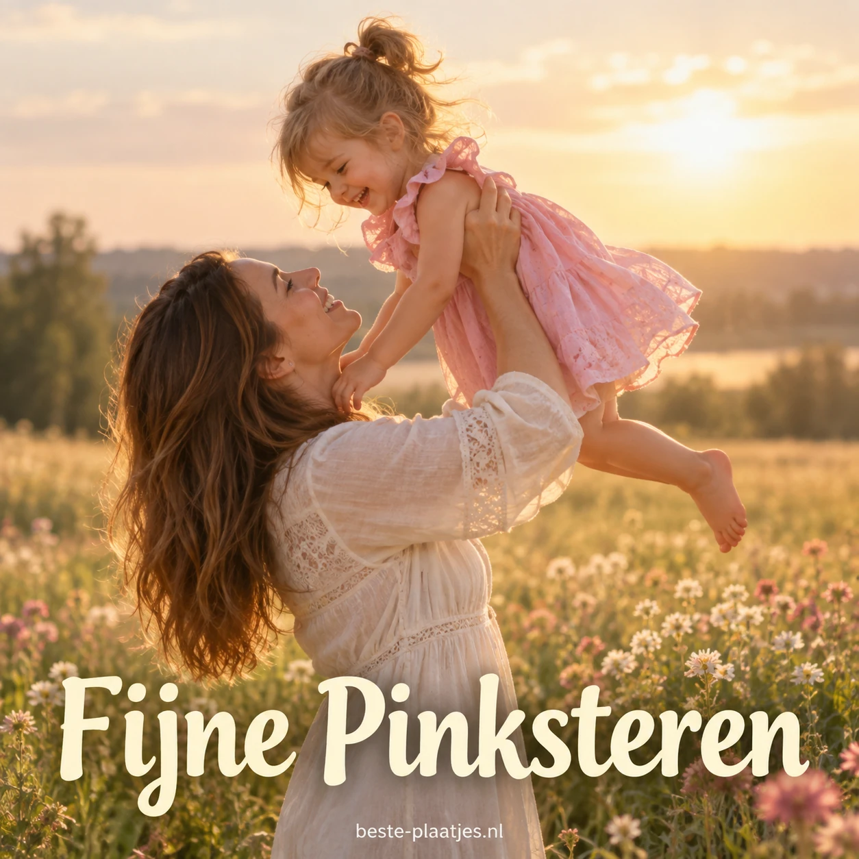 Een moeder tilt haar dochtertje op in een bloemenveld bij avondzon.