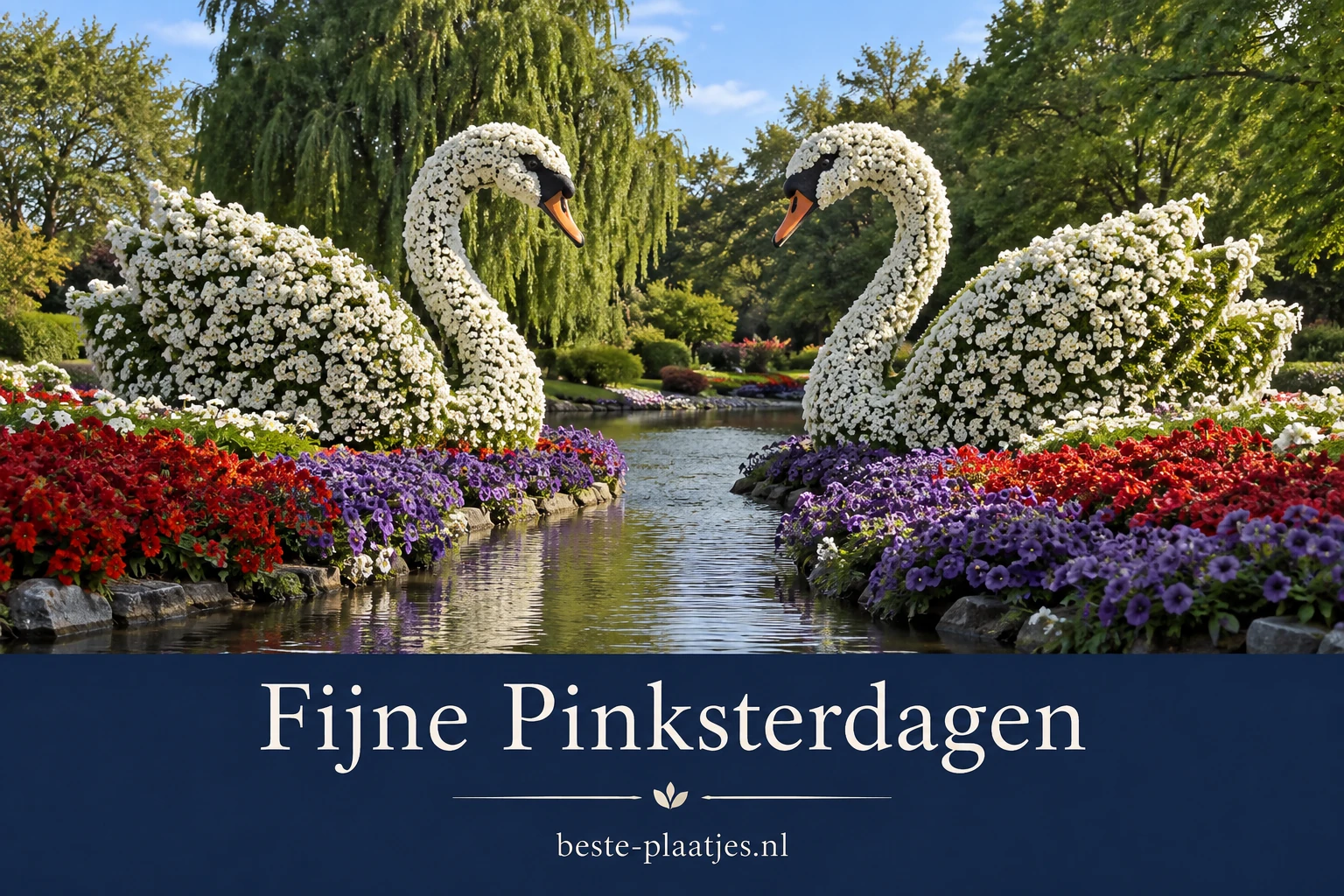 Twee witte zwanen van bloemen staan tegenover elkaar langs een tuinbeek.