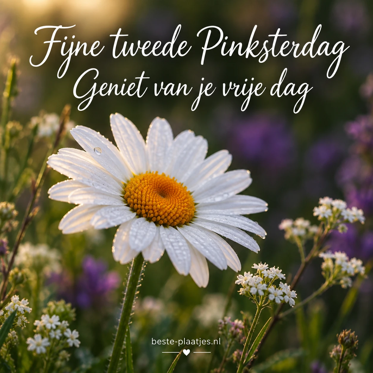 Een witte margriet bloeit in de avondzon tussen kleine veldbloemen.