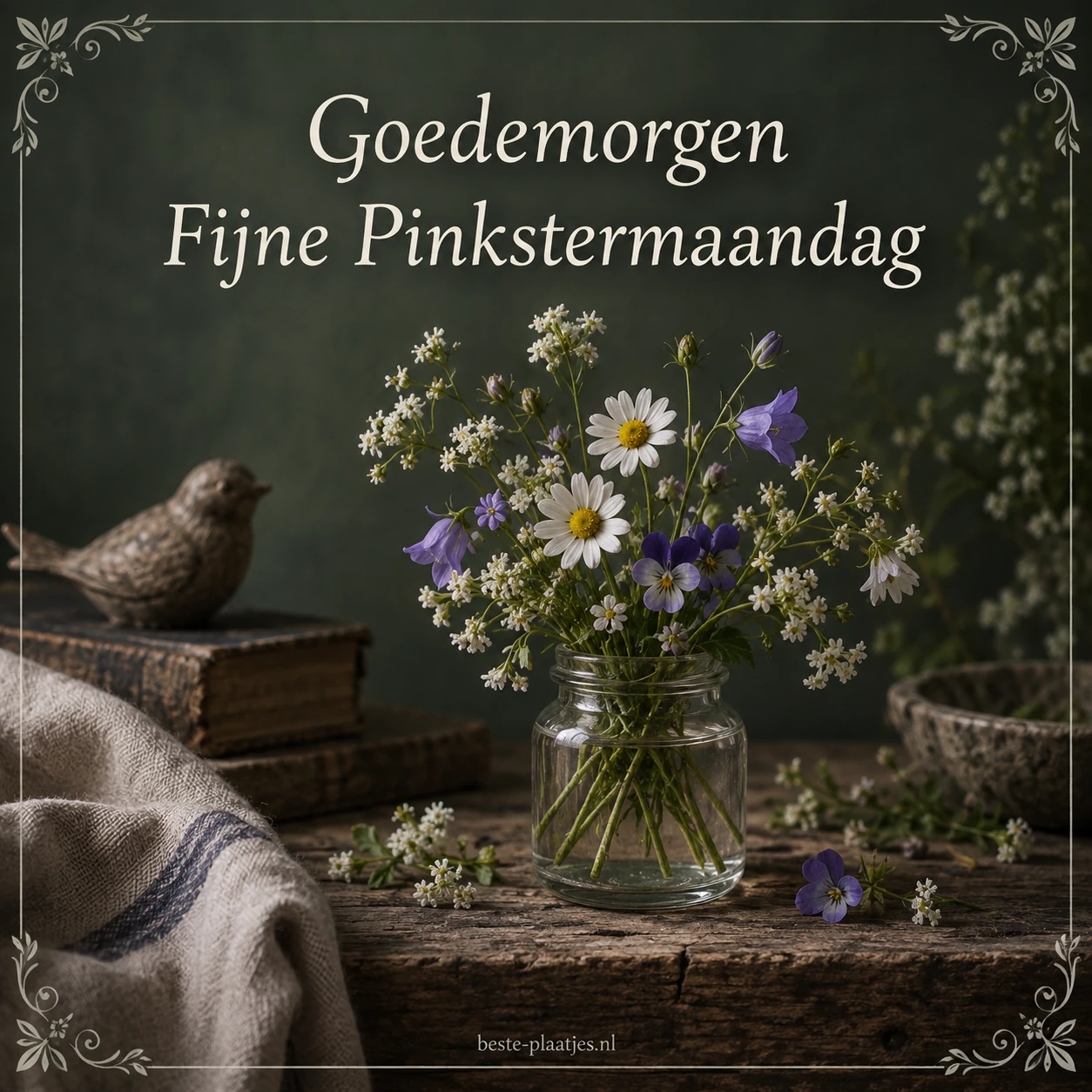 Witte en paarse veldbloemen staan in een glazen pot op een donkere houten tafel.
