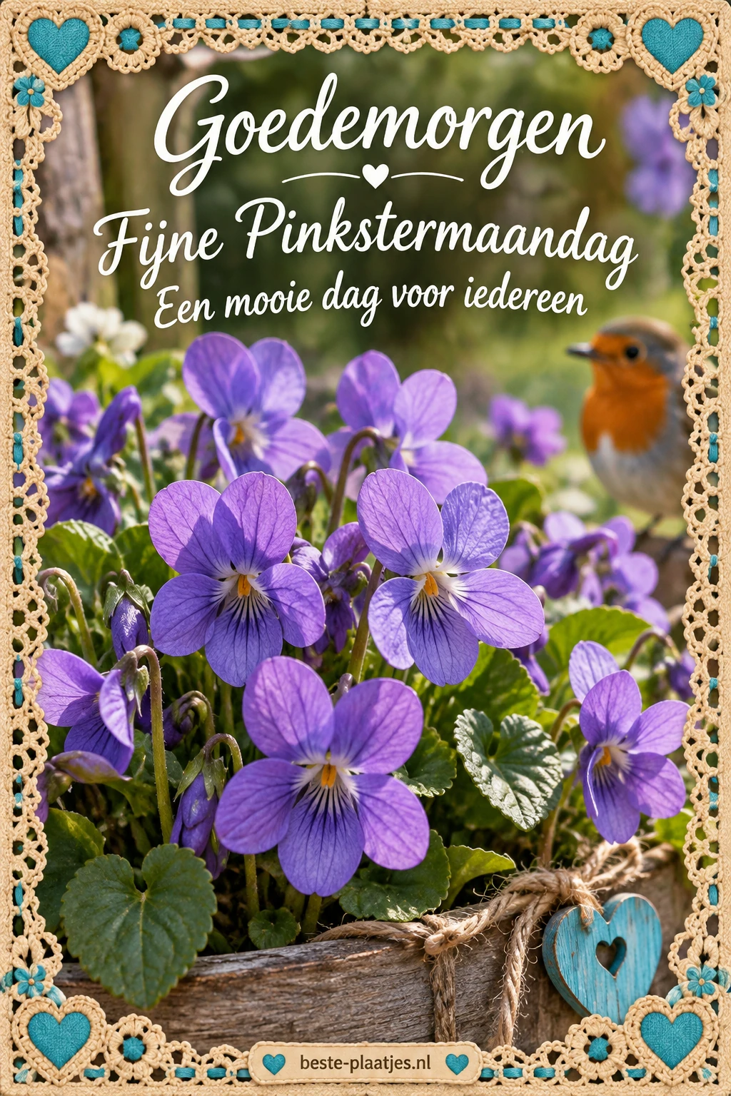 Paarse viooltjes en een roodborstje staan binnen een sierlijke bloemenrand.