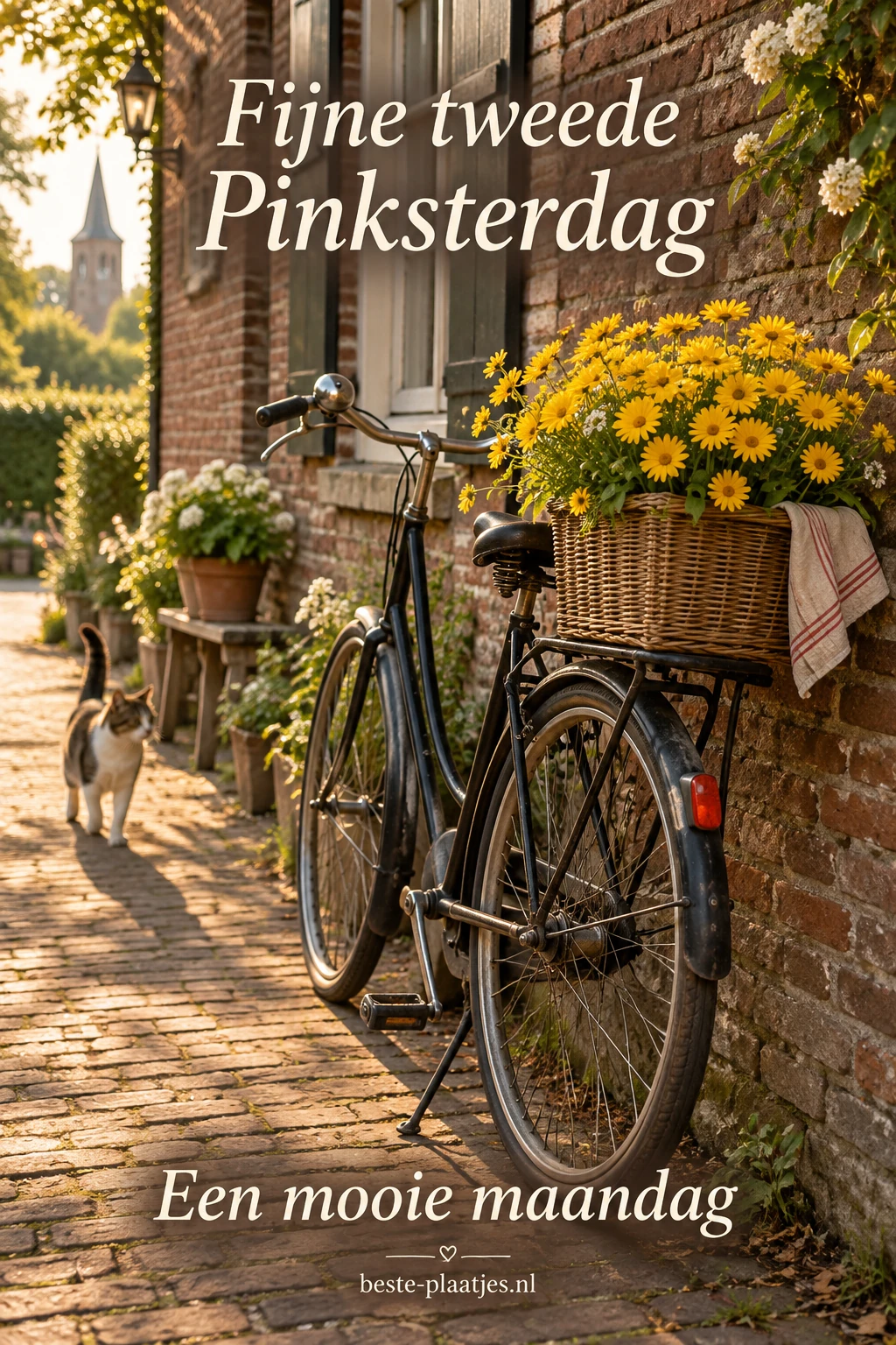 Een oude fiets met een mand vol gele bloemen staat in een zonnig straatje.