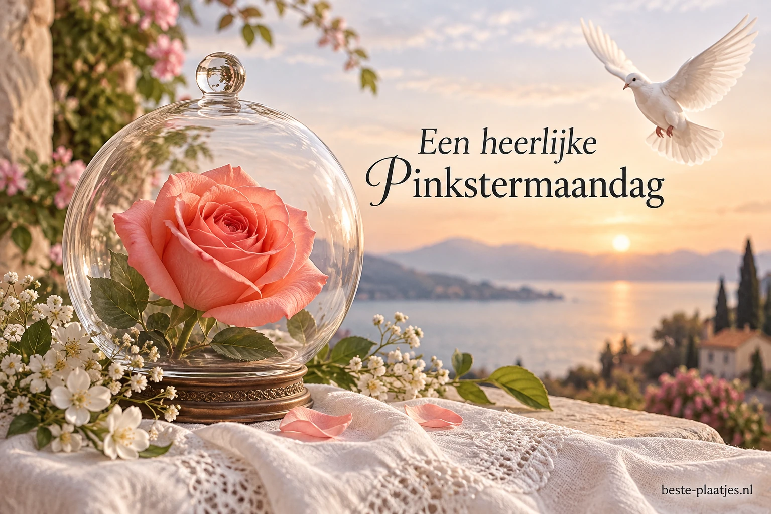 Een roze roos staat onder een glazen stolp terwijl een witte duif voorbijvliegt.