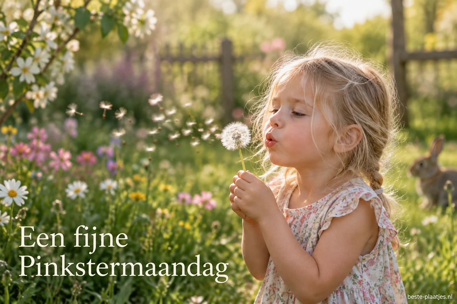 Een jong meisje blaast pluizen van een paardenbloem in een zonnige tuin.