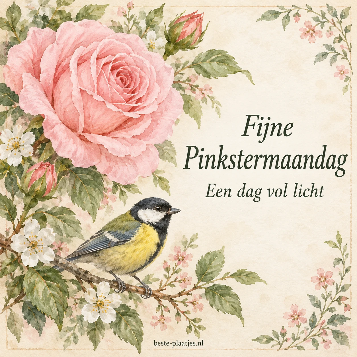 Een roze roos en een kleine vogel vormen samen een zachte aquarelkaart.